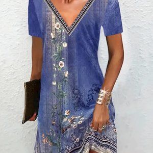 Short Sleeve V Neck Print Casual Dress M (6)
